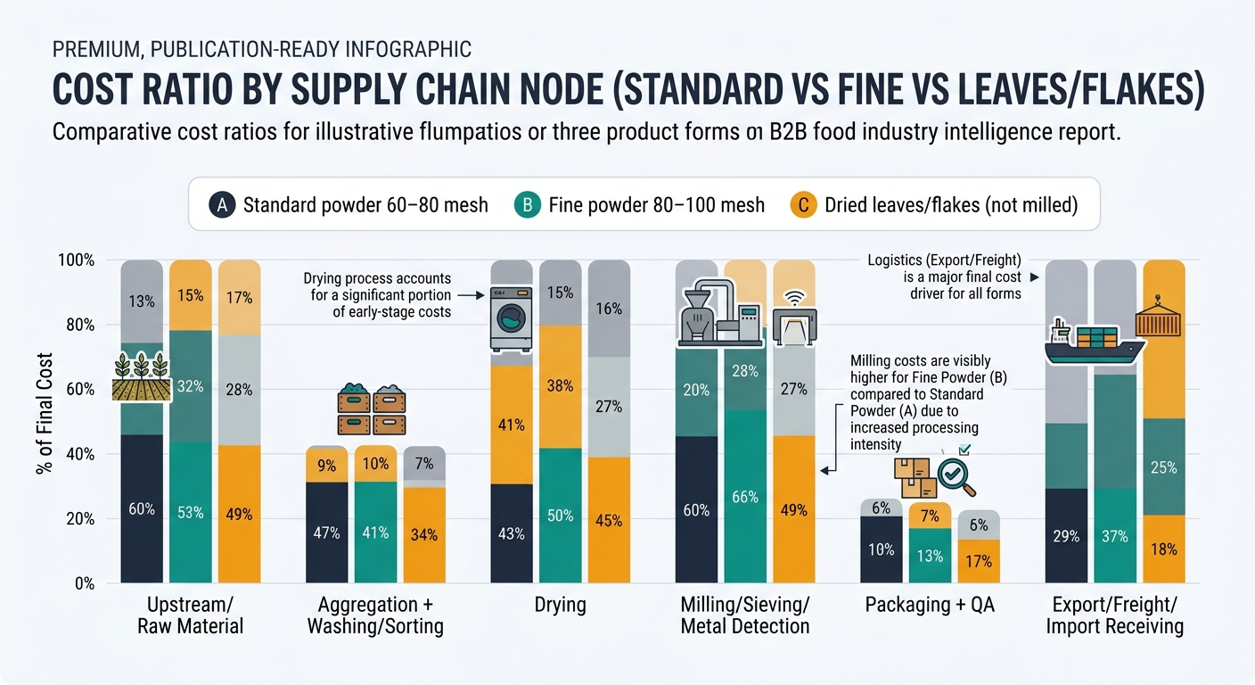 A comparative chart visualizing illustrative cost ratios for three product forms: standard powder 60–80 mesh, fine powder 80–100 mesh, and dried leaves/flakes (not milled), across supply chain nodes (Upstream/Raw Material; Aggregation + Washing/Sorting; Drying; Milling/Sieving/Metal Detection; Packaging + QA; Export/Freight/Import Receiving), with callouts highlighting major contributors and the milling increase for fine powder.