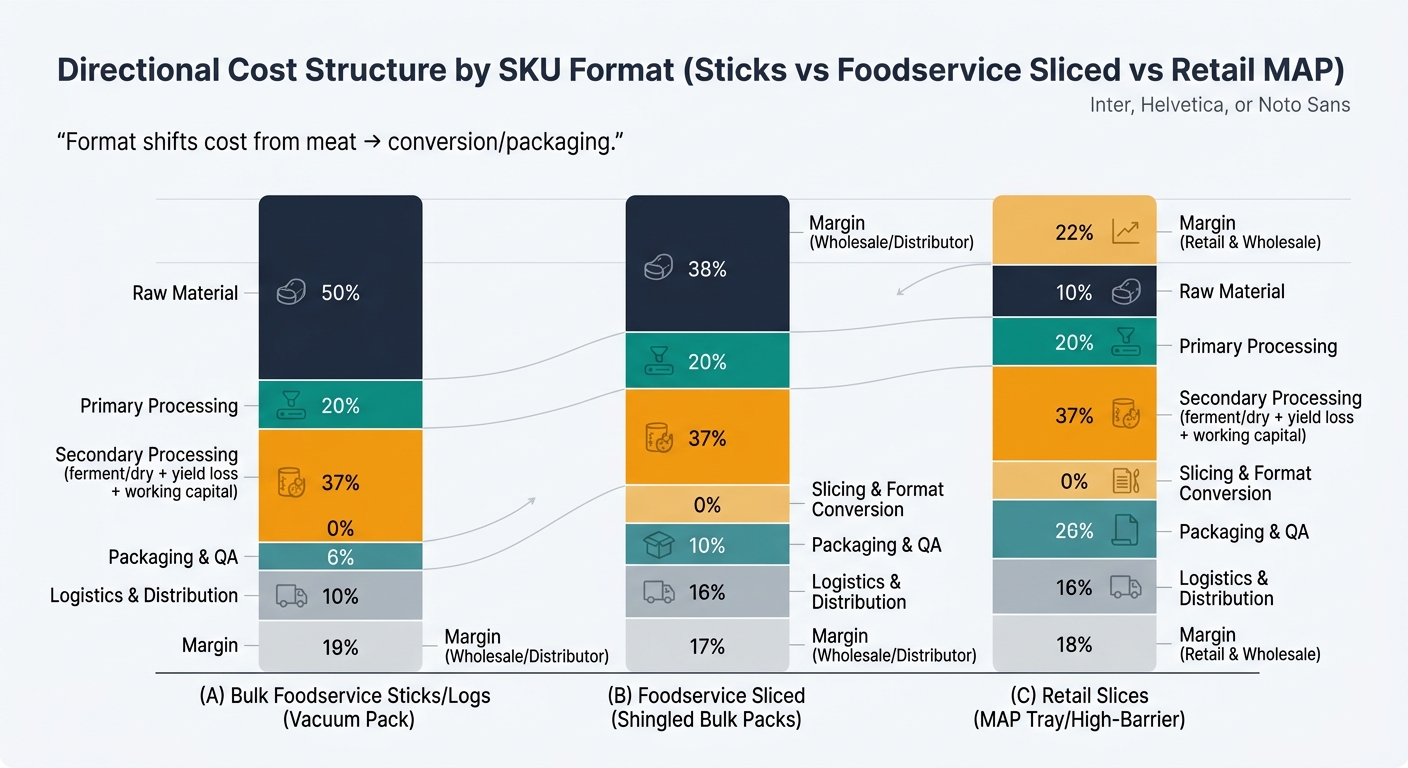 A stacked bar chart comparing directional cost structure for three pepperoni SKU formats—bulk foodservice sticks/logs (vacuum pack), foodservice sliced (shingled bulk packs), and retail slices (MAP tray/high-barrier)—with consistent colored segments for raw material, primary processing, secondary processing, slicing & format conversion (0% for sticks), packaging & QA, logistics & distribution, and margin, plus an annotation noting that format shifts cost from meat toward conversion and packaging.