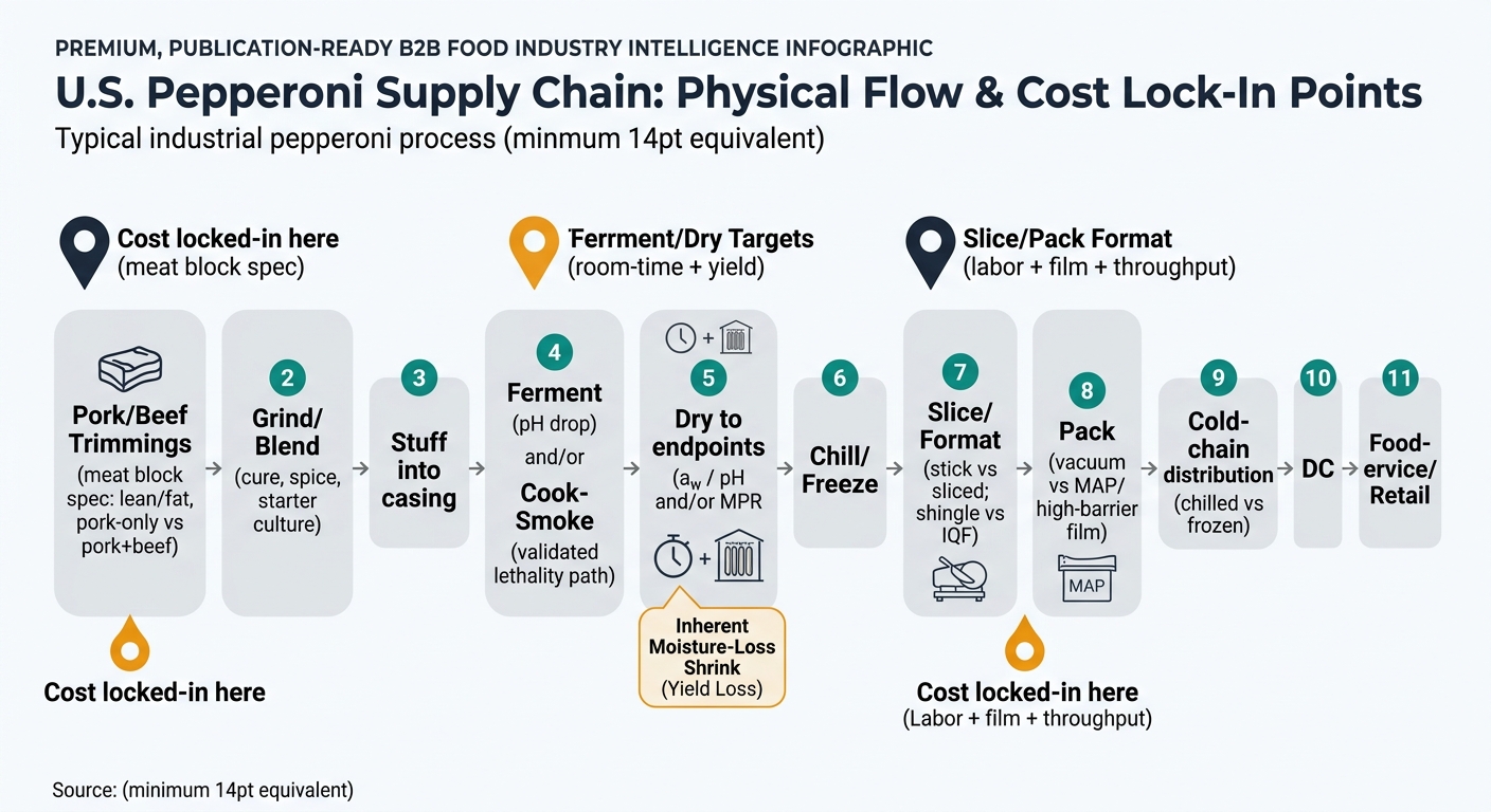 A left-to-right (or top-to-bottom) supply chain flow diagram showing the typical industrial pepperoni process from pork/beef trimmings through grinding/blending, stuffing, ferment and/or cook-smoke, drying to endpoints (aw/pH and/or MPR) with moisture-loss shrink callout, chill/freeze, slice/format, pack (vacuum vs MAP/high-barrier), cold-chain distribution, DC, and foodservice/retail, with cost lock-in markers at meat block spec, ferment/dry targets, and slice/pack format.