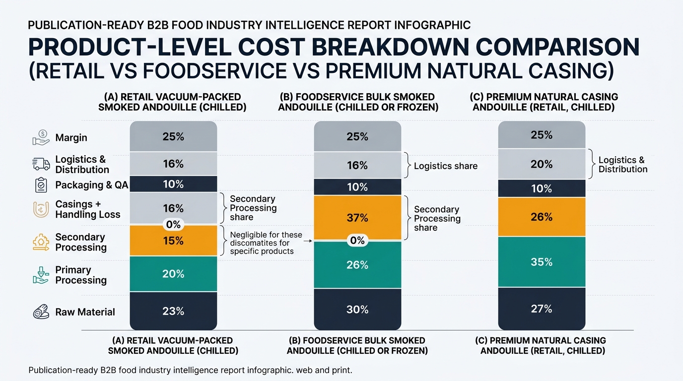 Stacked bar chart comparing product-level cost breakdowns for three andouille products (retail vacuum-packed chilled, foodservice bulk chilled or frozen, and premium natural casing retail chilled), segmented into standardized categories (raw material, primary processing, secondary processing, packaging and QA, logistics and distribution, margin) with an additional casings and handling loss segment for the premium product, showing the percentages from the tables and callouts on the largest differentiators.