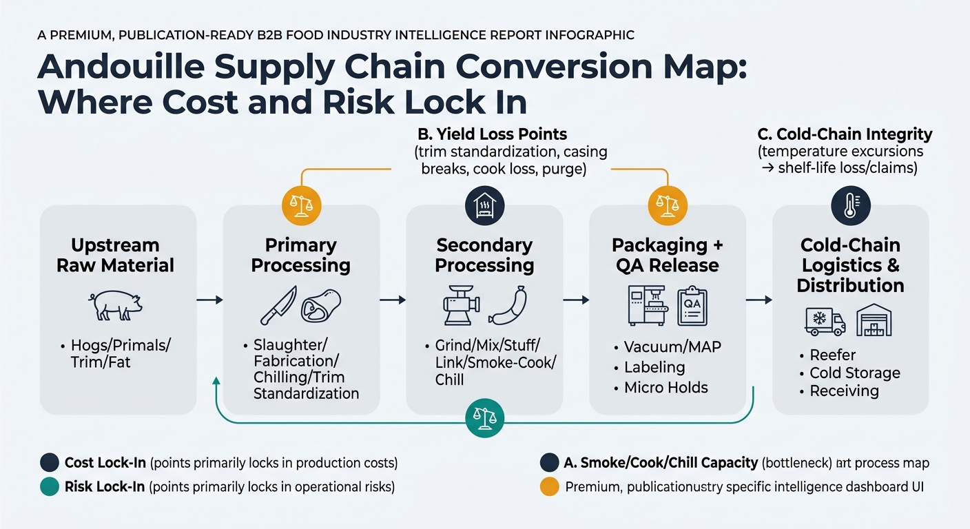 Left-to-right supply chain conversion process map for andouille with five nodes (upstream raw material, primary processing, secondary processing, packaging plus QA release, and cold-chain logistics and distribution) and lock-in markers highlighting smoke/cook/chill capacity bottleneck, yield loss points across nodes 2–4, and cold-chain integrity risks at distribution, with icons and a legend for cost lock-in vs risk lock-in.