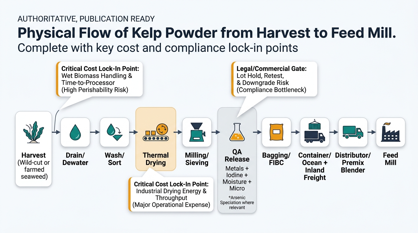 A left-to-right process flow showing: Harvest (wild-cut or farmed) → Drain/Dewater → Wash/Sort → Thermal Drying (belt/rotary) → Milling/Sieving → QA Release (metals + iodine + moisture + micro; include note on arsenic speciation where relevant) → Bagging/FIBC → Container/Ocean + Inland Freight → Distributor/Premix Blender → Feed Mill. Visually emphasize the two irreversible cost steps with callouts: (1) wet biomass handling/time-to-processor, and (2) industrial drying/energy + throughput. Add a third callout at QA Release as the legal/commercial gate (lot hold, retest, downgrade risk). Use simple icons (seaweed, water droplet, conveyor dryer, mill, lab flask, bag, container, factory) and avoid any dashboard/UI imagery.
