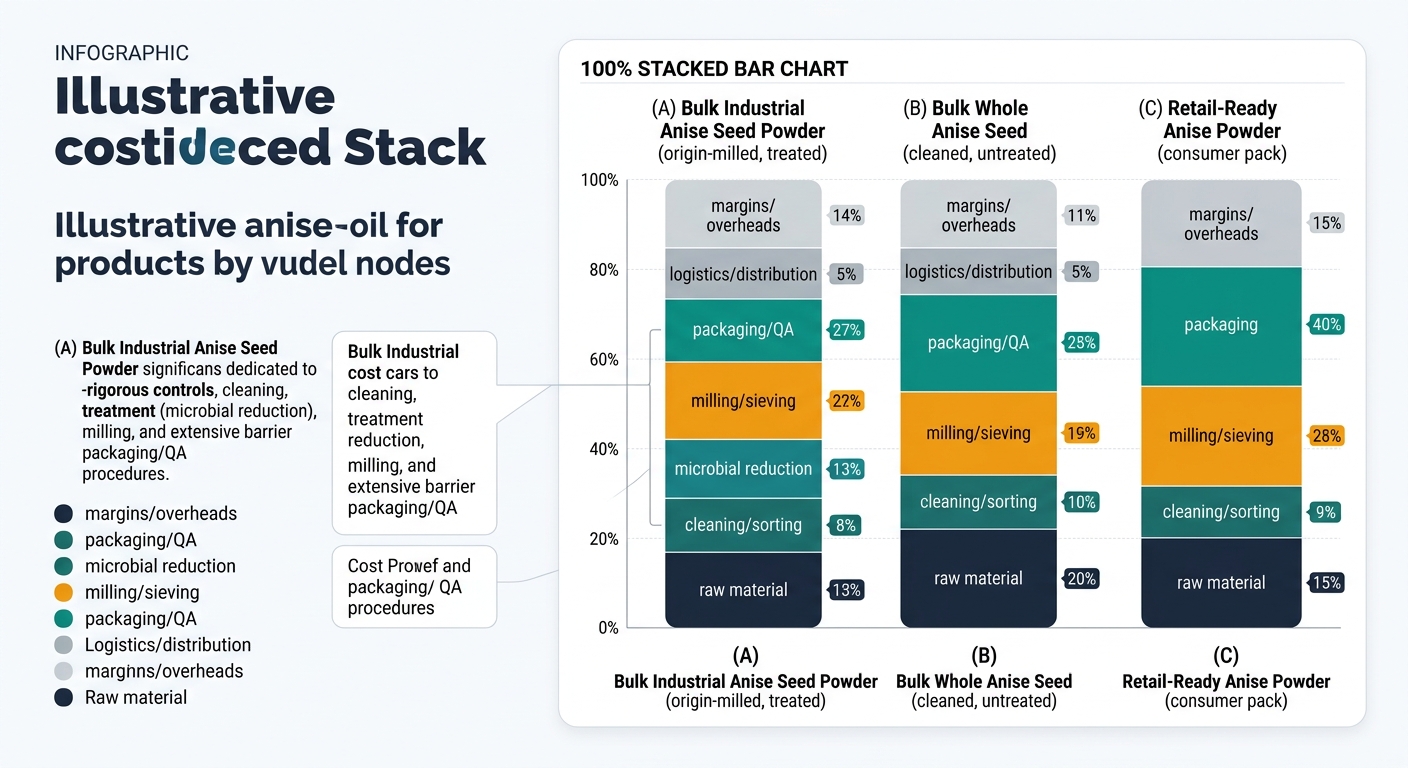 A 100% stacked bar chart with three bars comparing delivered cost stack by node for (A) bulk industrial anise seed powder (origin-milled, treated), (B) bulk whole anise seed (cleaned, untreated), and (C) retail-ready anise powder (consumer pack). Each bar is segmented by supply chain nodes (raw material, cleaning/sorting, microbial reduction, milling/sieving, packaging/QA, logistics/distribution, margins/overheads) with readable labels, legend, and concise callouts highlighting that powder has higher shares in controls while retail has high packaging and channel margin.
