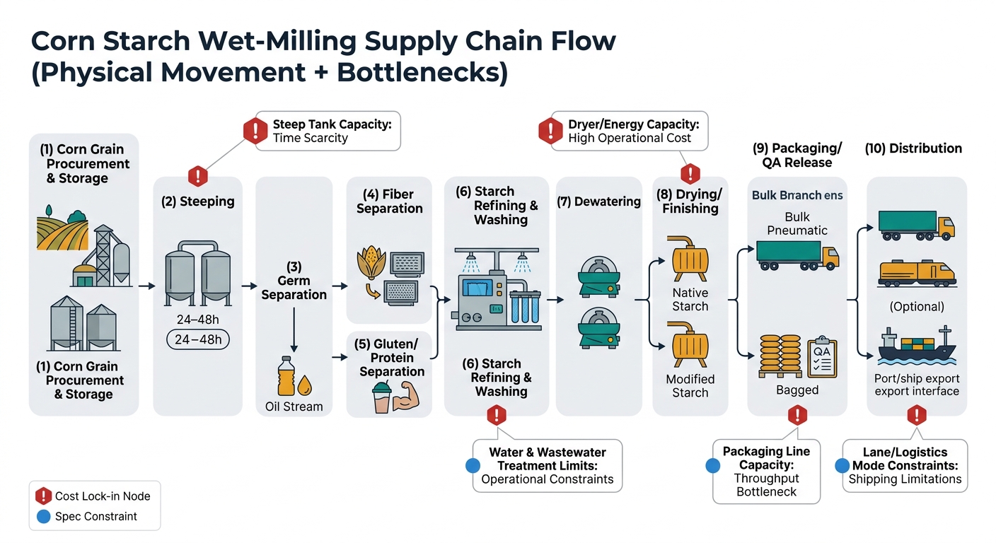 A process flow diagram of the corn starch wet-milling supply chain from corn procurement through steeping (24–48h), separations, starch refining, dewatering, drying/finishing (native vs. modified), packaging/QA (bulk pneumatic vs. bagged), and distribution, with callouts marking cost lock-in nodes such as steep tank capacity, dryer/energy limits, water and wastewater constraints, packaging line capacity, and logistics mode constraints, plus a legend defining lock-in nodes and spec constraints.