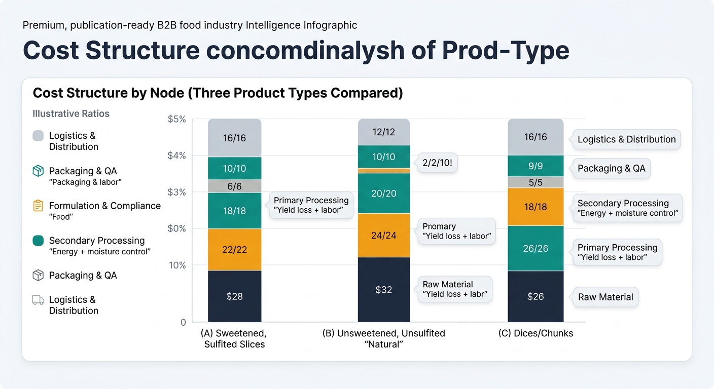 A stacked bar chart comparing cost structure by node for three product types: (A) Sweetened, Sulfited Slices; (B) Unsweetened, Unsulfited “Natural”; (C) Dices/Chunks. Each bar is segmented by Raw Material, Primary Processing, Secondary Processing, Formulation & Compliance, Packaging & QA, and Logistics & Distribution using the exact illustrative ratios from the tables (A: 28/22/18/6/10/16; B: 32/24/20/2/10/12; C: 26/26/18/5/9/16), with brief callouts on the two largest segments per bar such as yield loss + labor and energy + moisture control.