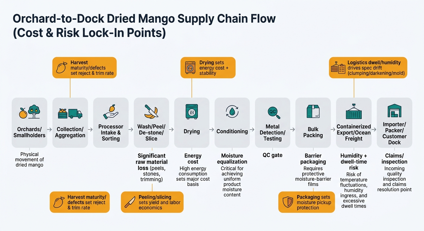 A left-to-right (or top-to-bottom) supply chain flow showing the physical movement of dried mango: Orchards/Smallholders → Collection/Aggregation → Processor Intake & Sorting → Wash/Peel/De-stone/Slice (yield loss callout) → Drying (energy cost callout) → Conditioning (moisture equalization callout) → Metal Detection/Testing (QC gate callout) → Bulk Packing (barrier packaging callout) → Containerized Export/Ocean Freight (humidity + dwell-time risk callout) → Importer/Packer/Customer Dock (claims/inspection). Overlay 3–5 lock-in badges tied to harvest maturity/defects, peeling/slicing yield and labor economics, drying energy cost and stability, packaging moisture pickup protection, and logistics dwell/humidity spec drift (clumping/darkening/mold), using simple icons and minimal labels.