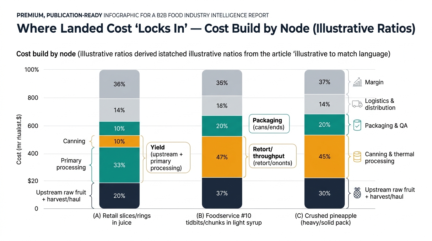 Three stacked bars showing illustrative cost build by node for (A) retail slices/rings in juice, (B) foodservice #10 tidbits/chunks in light syrup, and (C) crushed pineapple heavy/solid pack, with annotations highlighting early cost lock-in from yield, packaging, and retort throughput.