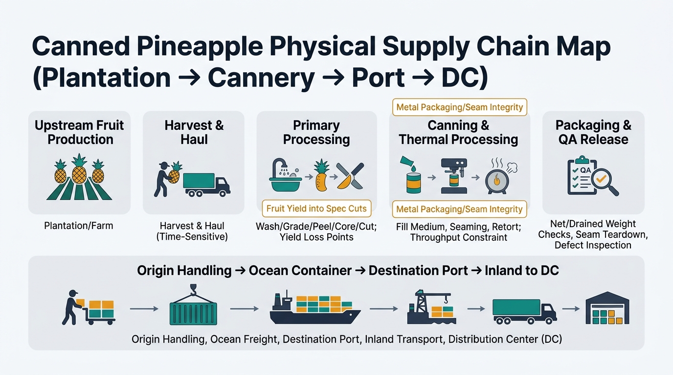A process map showing canned pineapple moving from plantation to cannery to port to distribution center, with callouts for cost lock points: fruit yield into spec cuts, metal packaging/seam integrity, and retort throughput.