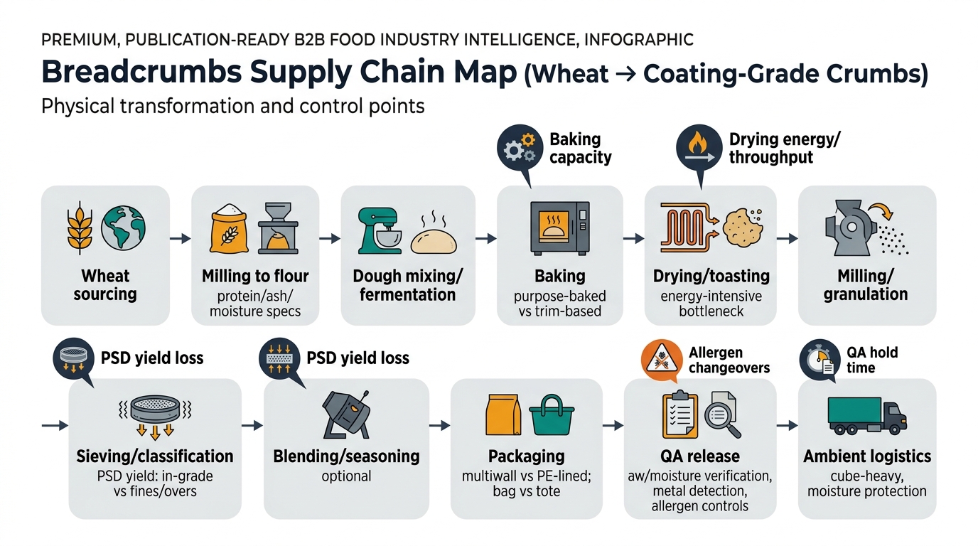 A left-to-right supply chain flow showing the physical transformation and control points from wheat sourcing through milling, dough mixing/fermentation, baking, drying/toasting, milling/granulation, sieving/classification, optional blending/seasoning, packaging, QA release, and ambient logistics, with callouts for baking capacity, drying energy/throughput, PSD yield loss, allergen changeovers, and QA hold time.