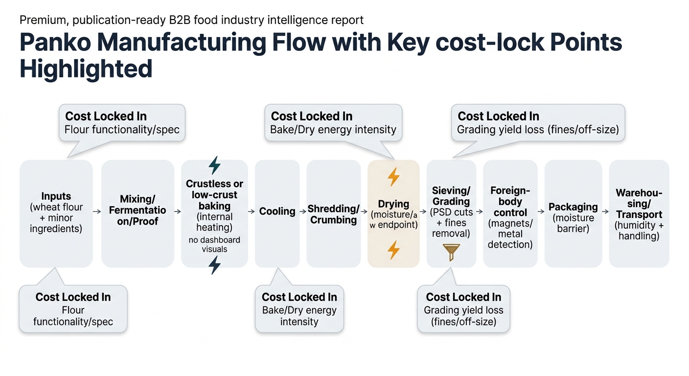 A left-to-right process flow showing: Inputs (wheat flour + minor ingredients) → Mixing/Fermentation/Proof → Crustless or low-crust baking (internal heating; note: no dashboard visuals) → Cooling → Shredding/Crumbing → Drying (moisture/aw endpoint) → Sieving/Grading (PSD cuts + fines removal) → Foreign-body control (magnets/metal detection) → Packaging (moisture barrier) → Warehousing/Transport (humidity + handling). Overlay 3 callouts labeled “Cost Locked In” at: (1) Flour functionality/spec, (2) Bake/Dry energy intensity, (3) Grading yield loss (fines/off-size). Add small icons for energy (bolt) at bake/dry, and yield loss (funnel/sieve) at grading.