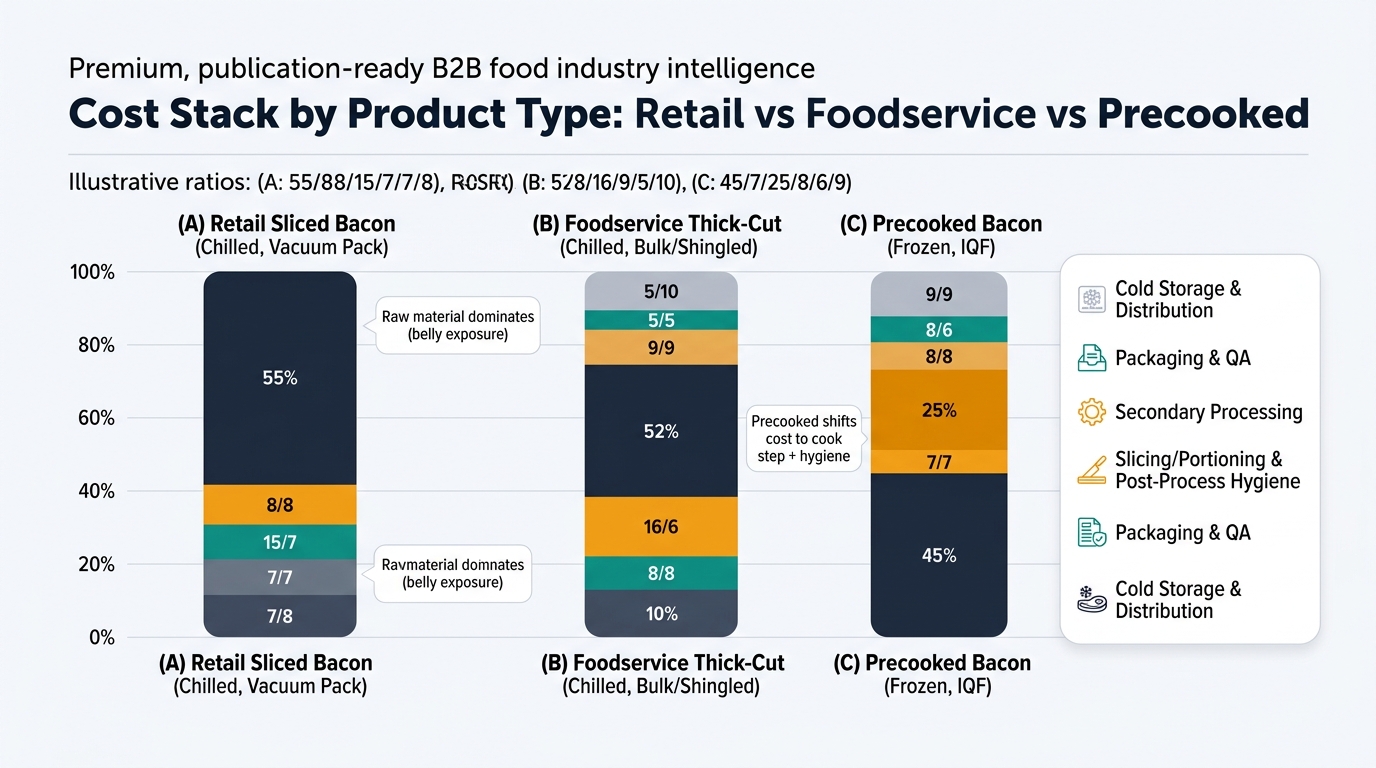 Three 100% stacked bars comparing cost stack by product type: retail sliced bacon, foodservice thick-cut bacon, and precooked frozen bacon, using the article’s illustrative ratios across raw material, primary processing, secondary processing, slicing/portioning and post-process hygiene, packaging and QA, and cold storage and distribution.