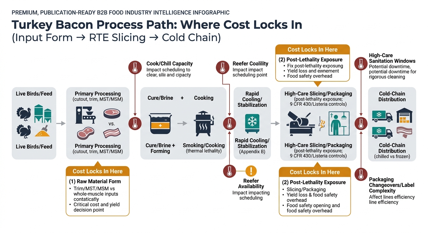A left-to-right supply chain flow showing: Live Birds/Feed → Primary Processing (cutout, trim, MST/MSM) → Cure/Brine + Forming → Smoking/Cooking (thermal lethality) → Rapid Cooling/Stabilization (Appendix B) → High-Care Slicing/Packaging (post-lethality exposure; 9 CFR 430/Listeria controls) → Cold-Chain Distribution (chilled vs frozen). Includes two prominent 'Cost Locks In Here' markers at (1) Raw Material Form (trim/MST/MSM vs whole-muscle) and (2) Post-Lethality Exposure during slicing/packaging, plus bottleneck callouts for cook/chill capacity, high-care sanitation windows, packaging changeovers/label complexity, and reefer availability.