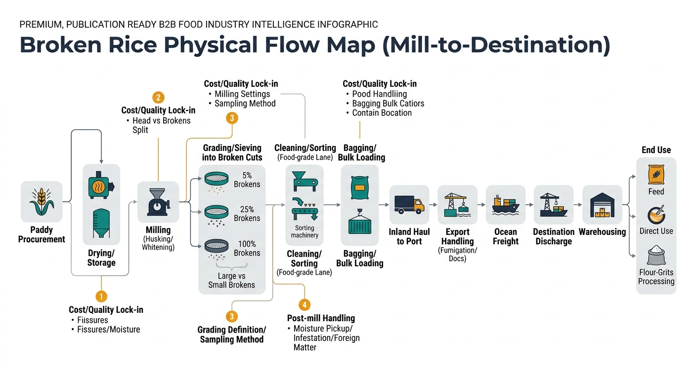 A left-to-right supply chain flow showing: Paddy procurement → Drying/Storage → Milling (husking/whitening) → Grading/Sieving into broken cuts (e.g., 5%, 25%, 100% brokens; large vs small brokens) → Cleaning/Sorting (food-grade lane) → Bagging/Bulk loading → Inland haul to port → Export handling (fumigation/docs) → Ocean freight → Destination discharge → Warehousing → End use (feed / direct use / flour-grits processing). Visually marks ‘cost/quality lock-in’ points at drying/storage (fissures/moisture), milling settings (head vs brokens split), grading definition/sampling method, and post-mill handling (moisture pickup/infestation/foreign matter), using simple icons like silo, dryer, mill, sieve, bag/container, truck, port, ship, and warehouse.