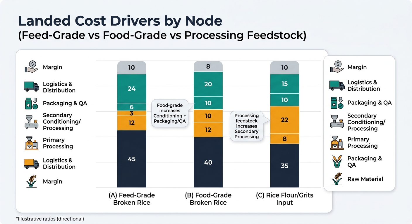 Three stacked bars labeled: (A) Feed-Grade Broken Rice, (B) Food-Grade Broken Rice, (C) Rice Flour/Grits Input. Each bar segmented by nodes: Raw Material, Primary Processing, Secondary Conditioning/Processing, Packaging & QA, Logistics & Distribution, Margin. Uses illustrative ratios A=45/12/3/6/24/10; B=40/12/10/10/20/8; C=35/8/22/10/15/10. Includes callouts highlighting that food-grade increases Conditioning + Packaging/QA and processing feedstock increases Secondary Processing, with a footnote 'Illustrative ratios (directional)'.