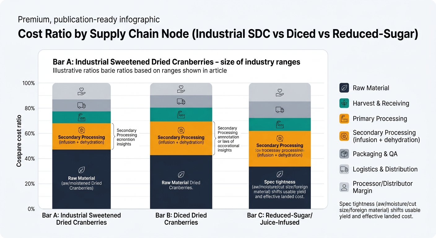A grouped stacked bar chart comparing cost ratios by supply chain node for three product types: Industrial Sweetened Dried Cranberries, Diced Dried Cranberries, and Reduced-Sugar/Juice-Infused variants. Each bar is segmented into Raw Material, Harvest & Receiving, Primary Processing, Secondary Processing (infusion + dehydration), Packaging & QA, Logistics & Distribution, and Processor/Distributor Margin, using midpoints of the ranges shown in the article and labeled as illustrative. Includes annotations on the largest segments and a callout noting that spec tightness (water activity/moisture/cut size/foreign material) shifts usable yield and effective landed cost.