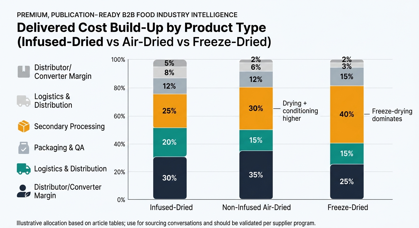 Create three 100% stacked bars—one per product family—using the article’s node-by-node cost ratios. Segments (consistent colors across bars): Raw Material; Primary Processing; Secondary Processing; Packaging & QA; Logistics & Distribution; Distributor/Converter Margin. Values: Infused-Dried = 30/20/25/12/8/5; Non-Infused Air-Dried = 35/15/30/12/6/2; Freeze-Dried = 25/15/40/15/3/2. Add short annotations on the largest segment per bar (e.g., 'Freeze-drying dominates' on Freeze-Dried; 'Drying + conditioning higher' on Air-Dried). Include a footnote-style label: 'Illustrative allocation based on article tables; use for sourcing conversations and should be validated per supplier program.'