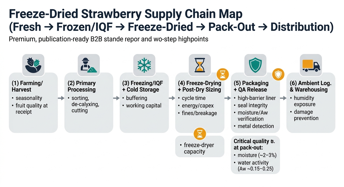 A left-to-right supply chain flow showing the standard two-step buffer and key lock-in points, with nodes for Farming/Harvest, Primary Processing, Freezing/IQF + Cold Storage, Freeze-Drying + Post-Dry Sizing, Packaging + QA Release, and Ambient Logistics & Warehousing. Bottlenecks are tagged with icons (hourglass for freeze-dryer capacity; shield for barrier packaging), and callouts show critical pack-out endpoints: moisture (~2–3%) and water activity (Aw ~0.15–0.25).