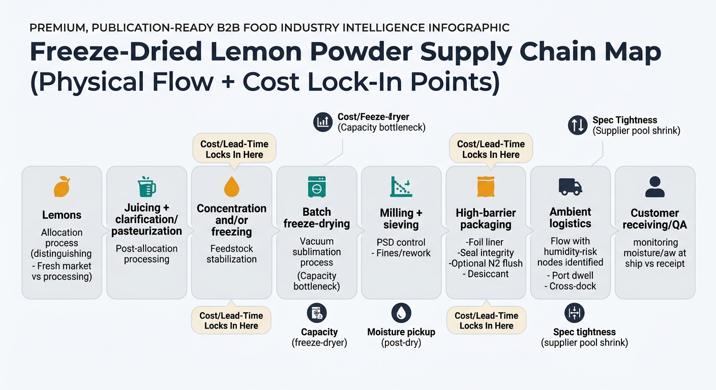 A left-to-right supply chain flow showing: (1) Lemons (allocation: fresh vs processing) → (2) Juicing + clarification/pasteurization → (3) Concentration and/or freezing (feedstock stabilization) → (4) Batch freeze-drying (vacuum sublimation; capacity bottleneck) → (5) Milling + sieving (PSD control; fines/rework) → (6) High-barrier packaging (foil liner, seal integrity, optional N2 flush, desiccant) → (7) Ambient logistics with humidity-risk nodes (port dwell, cross-dock) → (8) Customer receiving/QA (moisture/aw at ship vs receipt). Overlay 3 callouts labeled “Cost/Lead-Time Locks In Here” at: concentration/freezing, freeze-drying, and packaging/handling. Add 3 risk icons: capacity (freeze-dryer), moisture pickup (post-dry), and spec tightness (supplier pool shrink).