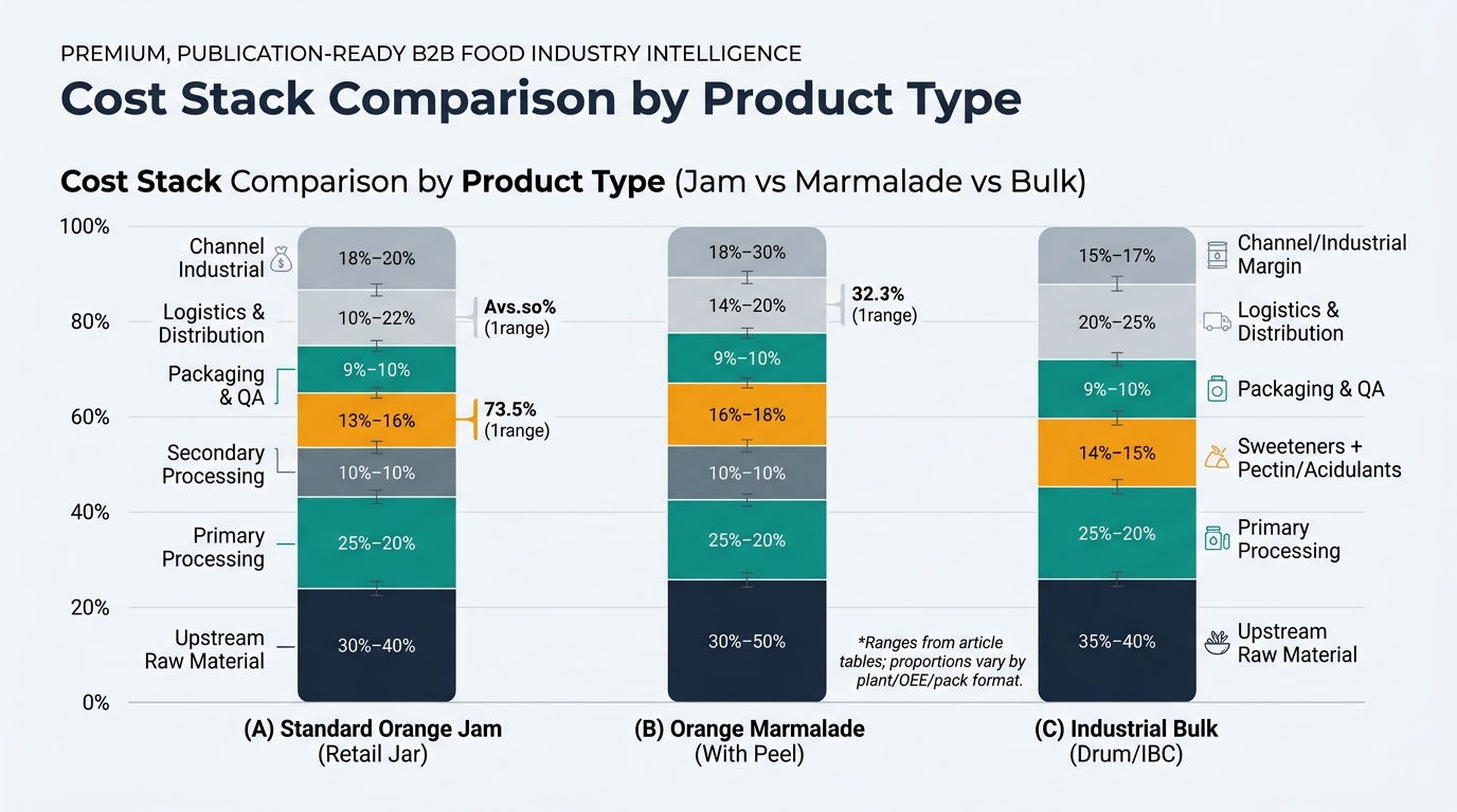 A side-by-side 100% stacked bar chart comparing cost stacks for (A) Standard Orange Jam (Retail Jar), (B) Orange Marmalade (With Peel), and (C) Industrial Bulk (Drum/IBC), segmented into Upstream Raw Material, Primary Processing, Secondary Processing, Sweeteners + Pectin/Acidulants, Packaging & QA, Logistics & Distribution, and Channel/Industrial Margin, with a note that ranges come from the article tables and proportions vary by plant/OEE/pack format.