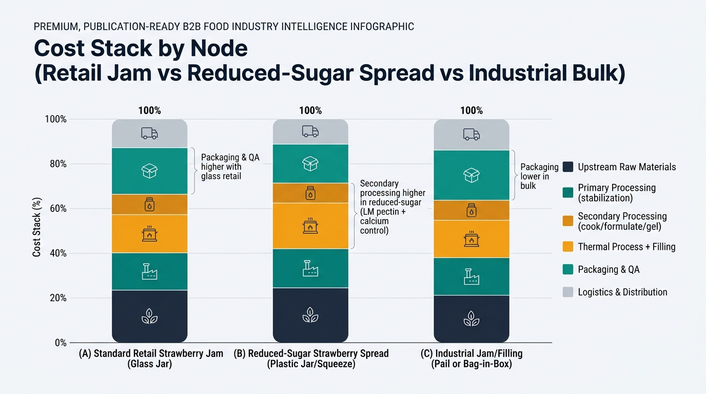 A three-bar, 100% stacked chart comparing cost ratios across product formats: (A) Standard Retail Strawberry Jam (Glass Jar), (B) Reduced-Sugar Strawberry Spread (Plastic Jar/Squeeze), (C) Industrial Jam/Filling (Pail or Bag-in-Box). Each bar is segmented by six nodes: Upstream Raw Materials, Primary Processing (stabilization), Secondary Processing (cook/formulate/gel), Thermal Process + Filling, Packaging & QA, Logistics & Distribution, with consistent colors per node, a legend, and brief annotations highlighting key deltas.