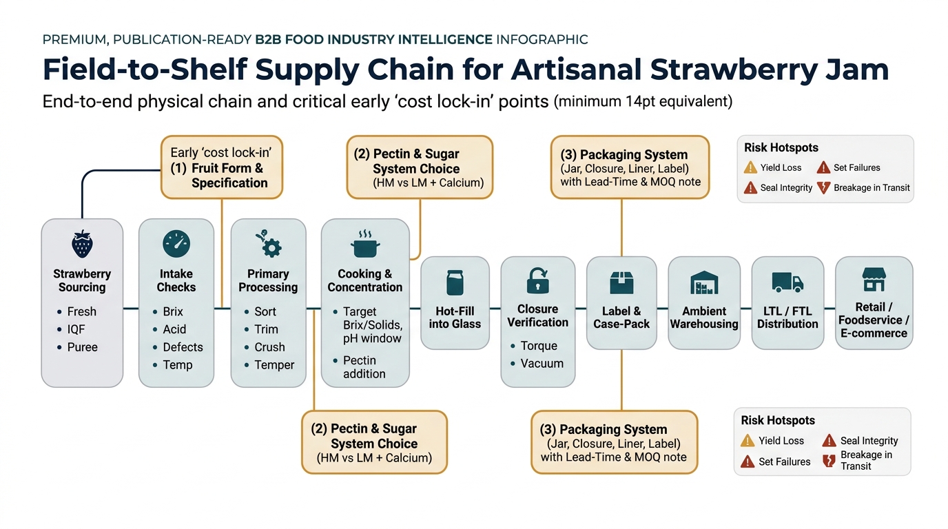A left-to-right flowchart showing the end-to-end physical chain and the three early cost lock-in points: fruit form/spec, pectin/sugar system choice (HM vs LM + calcium), and packaging system (jar/closure/liner/label) with lead-time/MOQ note; includes risk hotspot legend for yield loss, set failures, seal integrity, and breakage in transit.