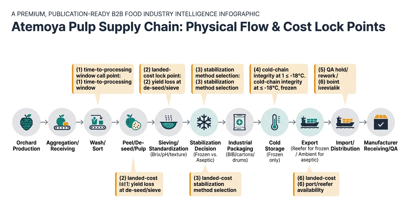 Flowchart of the atemoya pulp supply chain with 10–12 labeled nodes from orchard production to manufacturer receiving/QA, including highlighted landed-cost lock points such as time-to-processing, yield loss at de-seed/sieve, stabilization method selection, cold-chain integrity at ≤ -18°C for frozen, QA hold/rework, and port/reefer availability.