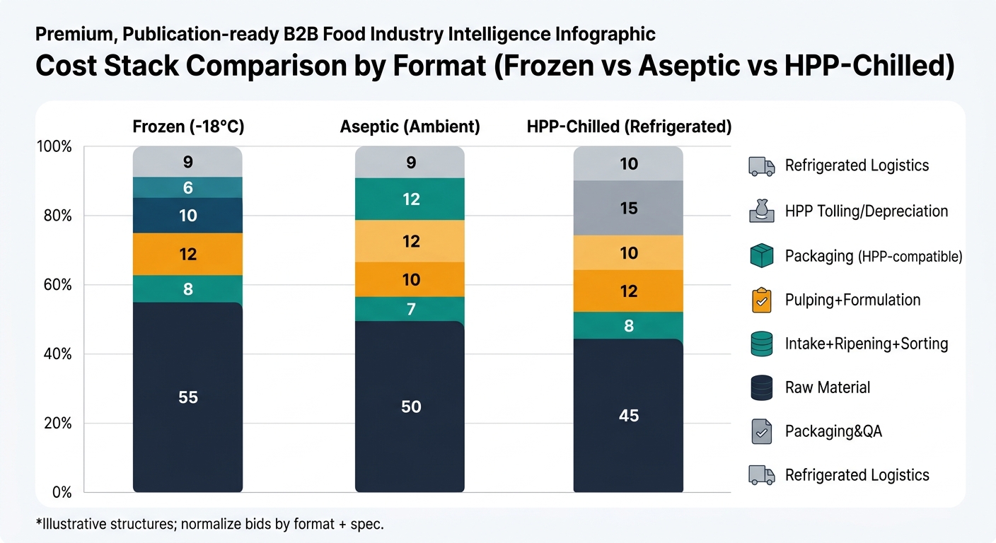 Three side-by-side 100% stacked bars labeled Frozen (-18°C), Aseptic (Ambient), and HPP-Chilled (Refrigerated). Each bar uses the article’s illustrative ratios: Frozen = Raw Material 55, Intake+Ripening+Sorting 8, Pulping+Antioxidant+Hygienic 12, Freezing+Storage 10, Packaging&QA 6, Logistics 9. Aseptic = Raw Material 50, Intake+Ripening+Sorting 7, Pulping+Hygienic 10, Aseptic Processing+Sterility 12, Aseptic Packaging 12, Logistics 9. HPP-Chilled = Raw Material 45, Intake+Ripening+Sorting 8, Pulping+Formulation 12, Packaging (HPP-compatible) 10, HPP Tolling/Depreciation 15, Refrigerated Logistics 10. Includes a small legend and a footnote label: “Illustrative structures; normalize bids by format + spec.”