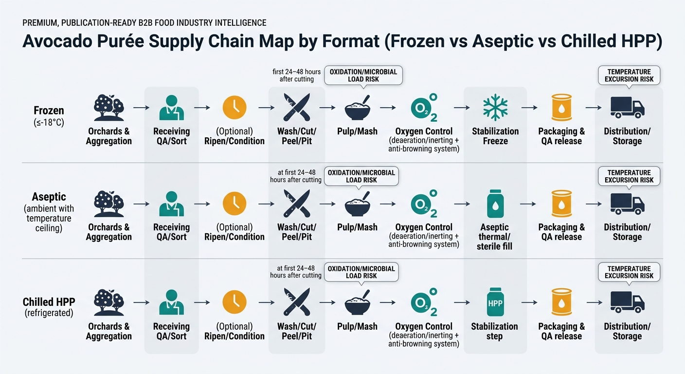 Procurement-view swimlane diagram showing the avocado purée supply chain in three parallel lanes (Frozen ≤-18°C, Aseptic ambient with temperature ceiling, Chilled HPP refrigerated) from orchards through processing, oxygen control, stabilization, packaging/QA release, and distribution/storage, with callouts highlighting the first 24–48 hours after cutting and temperature excursion risk.