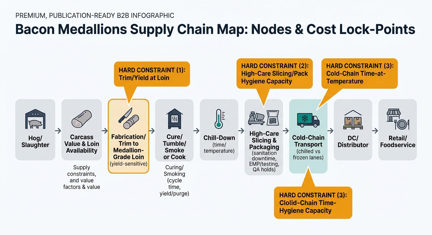 Left-to-right supply chain map showing Hog/Slaughter → Carcass Value & Loin Availability → Fabrication/Trim to medallion-grade loin (yield-sensitive) → Cure/Tumble/Smoke or Cook (cycle time, yield/purge) → Chill-down (time/temperature) → High-care slicing & packaging (sanitation downtime, EMP/testing, QA holds) → Cold-chain transport (chilled vs frozen lanes) → DC/Distributor → Retail/Foodservice, with highlighted hard-constraint callouts for trim/yield at loin, high-care hygiene capacity, and cold-chain time-at-temperature, plus small node icons (knife/loin, smokehouse, thermometer, slicer, vacuum/MAP pack, reefer truck, DC pallet).