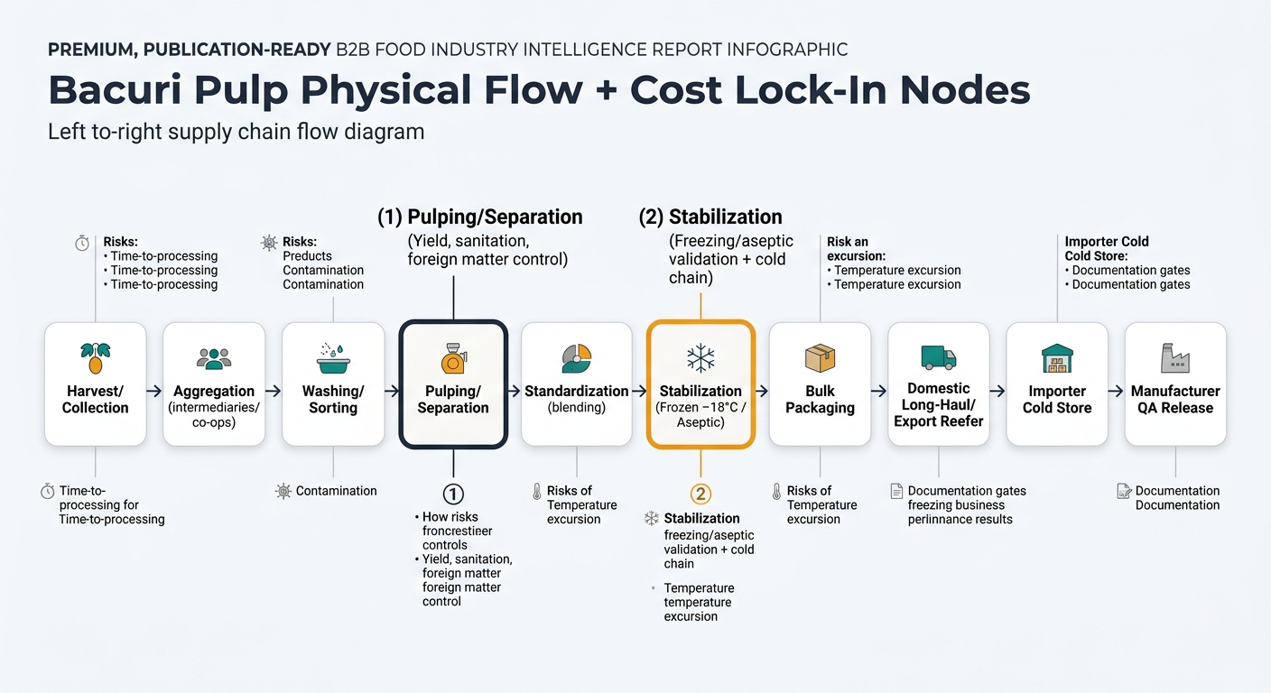 A supply chain flow diagram from harvest/collection through manufacturer QA release, emphasizing cost/quality lock-in points at pulping/separation and stabilization (frozen −18°C or aseptic), with risk callouts for time-to-processing, contamination, temperature excursion, and documentation gates.
