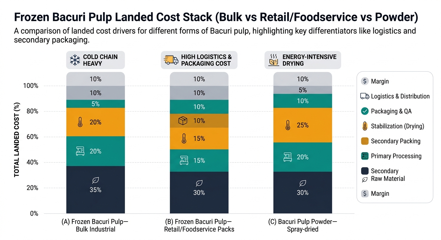 A stacked bar chart comparing landed cost stacks for (A) frozen bacuri pulp bulk industrial, (B) frozen bacuri pulp retail/foodservice packs, and (C) bacuri pulp powder (spray-dried), using the exact table percentages across cost buckets such as raw material, processing, stabilization, packaging & QA, logistics, and margin, with notes highlighting key cost drivers.