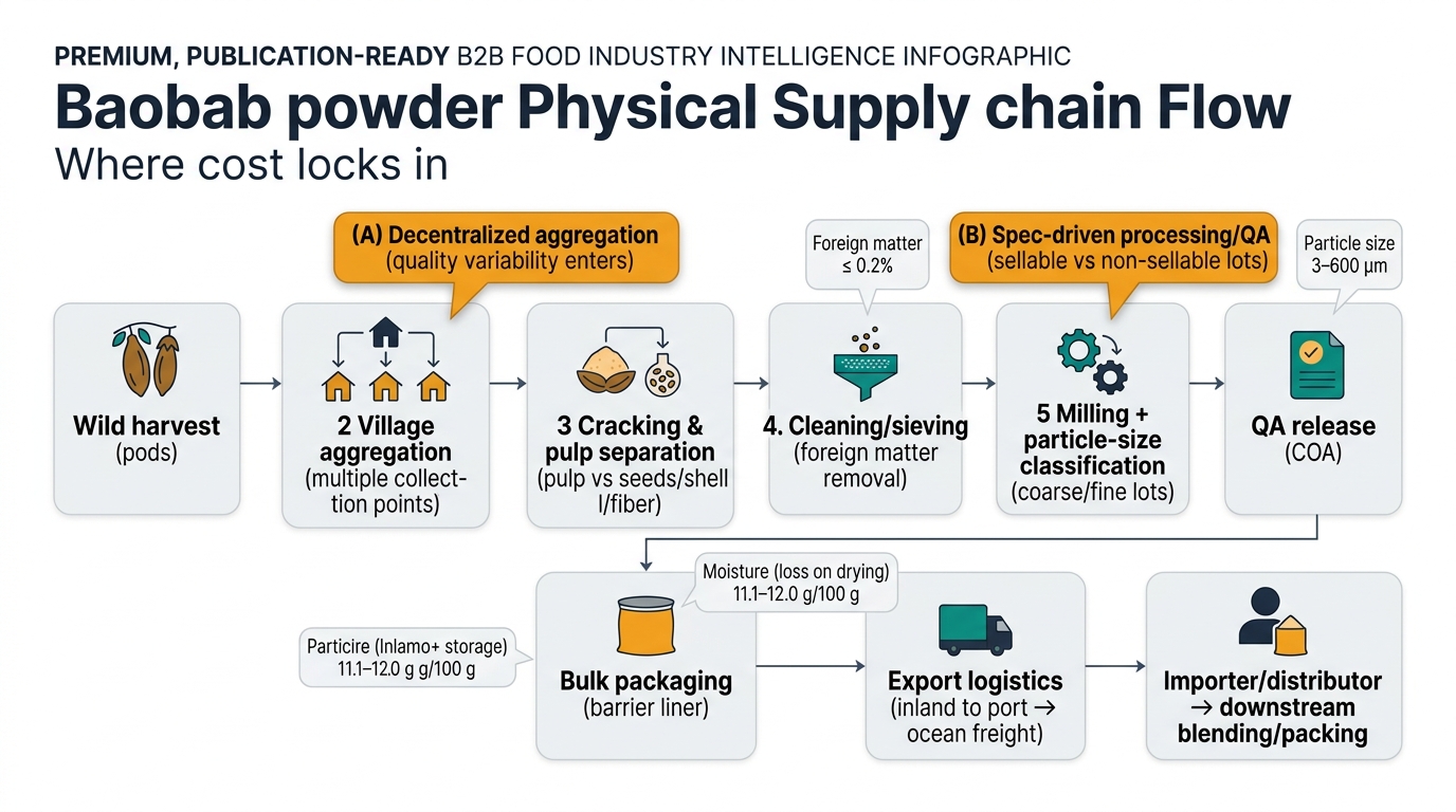 A left-to-right (or top-to-bottom) supply chain flow showing the physical movement of baobab from wild harvest to downstream packing. Include these labeled nodes with simple icons: (1) Wild harvest (pods) (2) Village aggregation (multiple collection points) (3) Cracking & pulp separation (pulp vs seeds/shell/fiber) (4) Cleaning/sieving (foreign matter removal) (5) Milling + particle-size classification (coarse/fine lots) (6) QA release (COA) (7) Bulk packaging (barrier liner) (8) Export logistics (inland to port → ocean freight) (9) Importer/distributor → downstream blending/packing. Overlay two highlighted “bottleneck” callouts: (A) Decentralized aggregation (quality variability enters) and (B) Spec-driven processing/QA (sellable vs non-sellable lots). Add three small spec callouts near relevant nodes (no dashboard visuals): Foreign matter ≤ 0.2% (near cleaning/sieving), Particle size 3–600 μm (near classification), Moisture (loss on drying) 11.1–12.0 g/100 g (near packaging/storage).