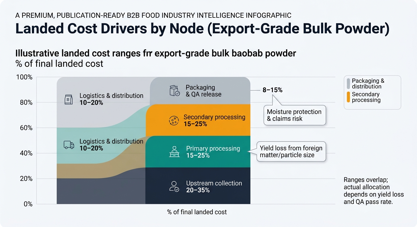 A single stacked bar (100%) that visualizes the illustrative landed cost ranges by supply chain node for export-grade bulk baobab powder. Segments (with labels and range annotations): Upstream collection 20–35%, Primary processing 15–25%, Secondary processing 15–25%, Packaging & QA release 8–15%, Logistics & distribution 10–20%. Add a side legend or footnote: “Ranges overlap; actual allocation depends on yield loss and QA pass rate.” Add two small callouts pointing to the most variable segments: “Yield loss from foreign matter/particle size” (primary + secondary processing) and “Moisture protection & claims risk” (packaging + logistics).