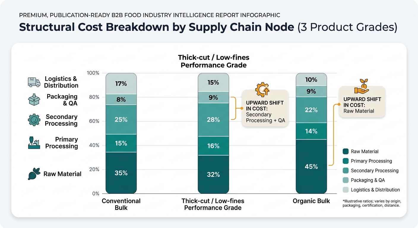A stacked bar chart translating the three illustrative cost tables into three product-grade bars (Conventional bulk, Thick-cut/Low-fines performance grade, Organic bulk), each segmented into Raw Material, Primary Processing, Secondary Processing, Packaging & QA, and Logistics & Distribution using the article’s ratios, with a legend and a note that ratios are illustrative and vary by origin, packaging, certification, and distance.