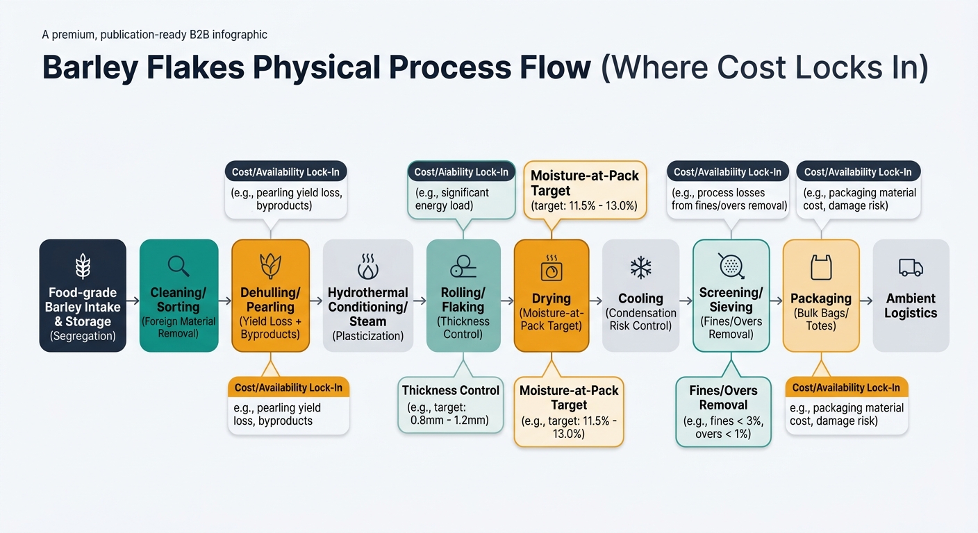 A left-to-right process flow showing the physical movement and unit operations for barley flakes from intake and storage through cleaning, dehulling/pearling, hydrothermal conditioning/steam, rolling/flaking, drying, cooling, screening/sieving, packaging, and ambient logistics, with callouts for cost/availability lock-in points and spec levers for thickness, moisture, and fines.