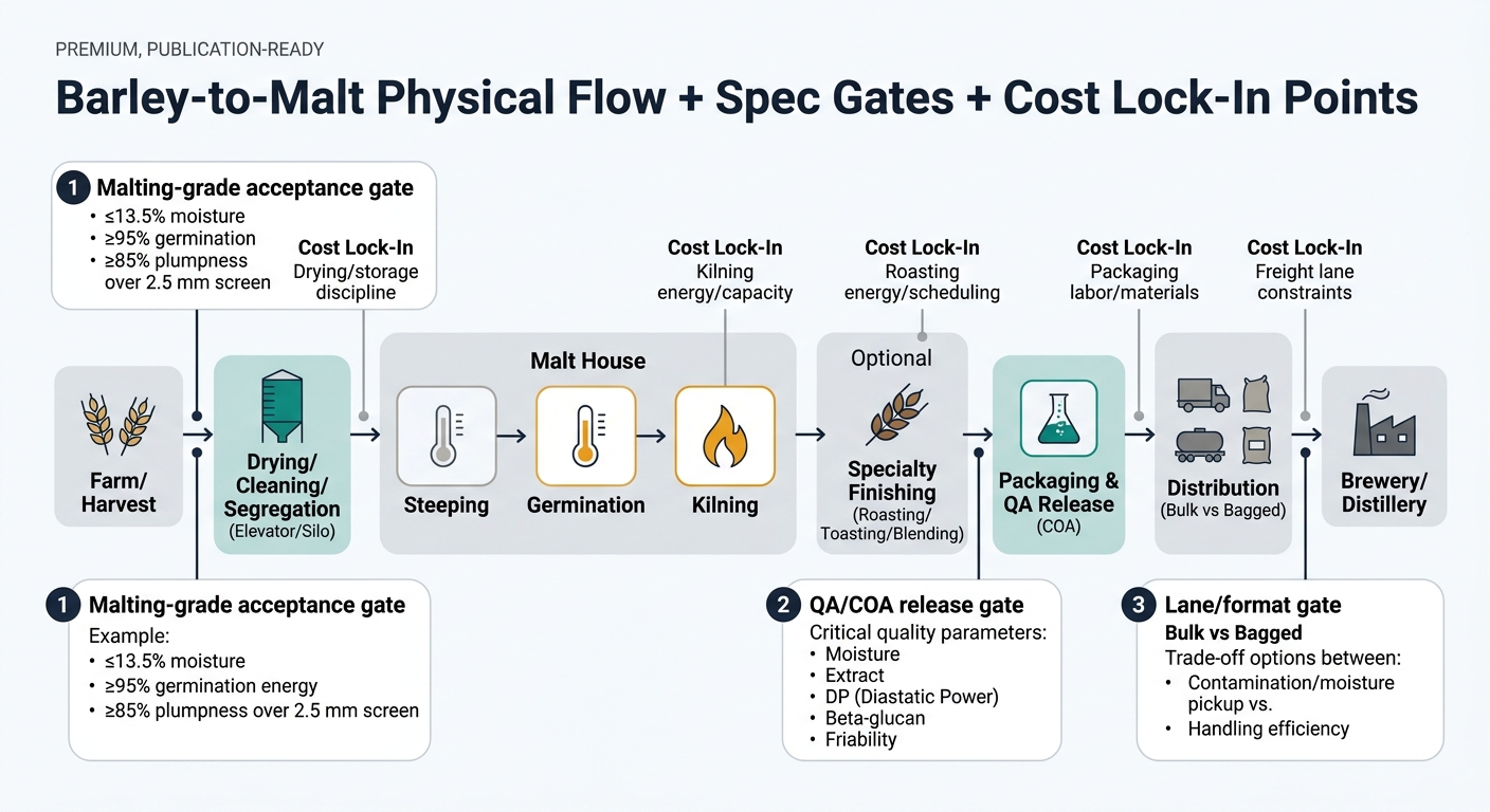 A left-to-right supply chain flow showing: Farm/Harvest → Drying/Cleaning/Segregation (Elevator/Silo) → Malt House (Steeping → Germination → Kilning) → Specialty Finishing (Roasting/Toasting/Blending, optional) → Packaging & QA Release (COA) → Distribution (Bulk vs Bagged) → Brewery/Distillery, with callout gates for malting-grade acceptance (≤13.5% moisture, ≥95% germination energy, ≥85% plumpness over 2.5 mm screen), QA/COA release (moisture, extract, DP, beta-glucan, friability), and lane/format (bulk vs bagged) trade-offs, plus cost lock-in markers at drying/storage discipline, kilning energy/capacity, roasting energy/scheduling, packaging labor/materials, and freight lane constraints.