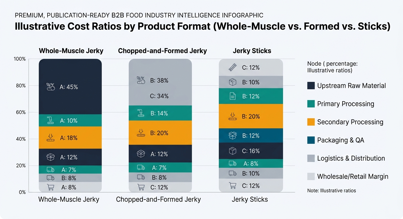 Three stacked bars labeled: Whole-Muscle Jerky, Chopped-and-Formed Jerky, Jerky Sticks. Each bar segmented by the exact nodes from the tables: Upstream Raw Material, Primary Processing, Secondary Processing, Packaging & QA, Logistics & Distribution, Wholesale/Retail Margin. Uses the provided illustrative percentages (A: 45/10/18/12/7/8; B: 38/12/20/12/8/10; C: 34/14/18/16/6/12). Includes a small note 'Illustrative ratios', consistent color-coding across bars, and a legend.
