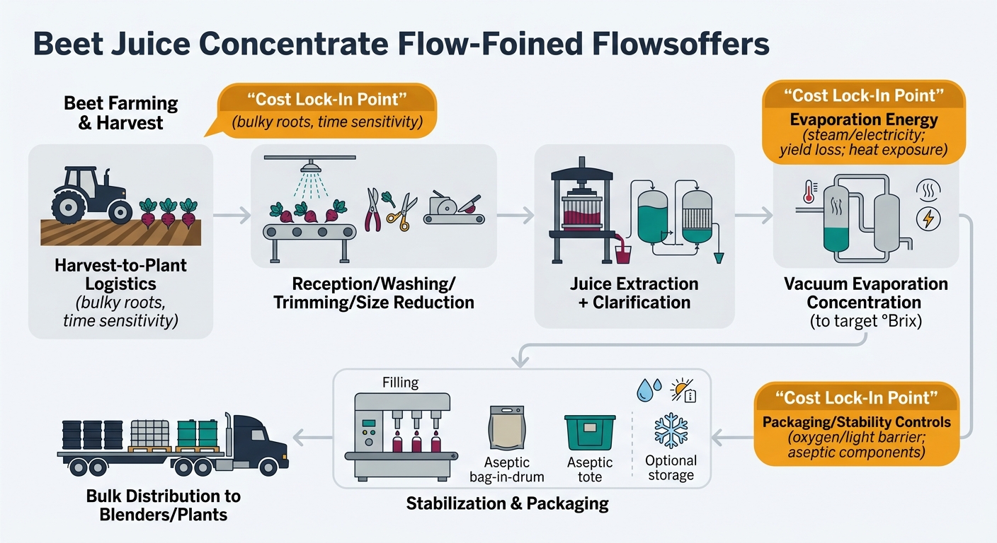 Flowchart showing the end-to-end beet juice concentrate process from beet farming and harvest through reception/washing, extraction and clarification, vacuum evaporation to target °Brix, stabilization and packaging (aseptic bag-in-drum or tote with optional frozen), and bulk distribution, with callouts marking cost lock-in points at harvest-to-plant logistics, evaporation energy and standardization, and packaging/stability controls including oxygen/light/heat sensitivity.