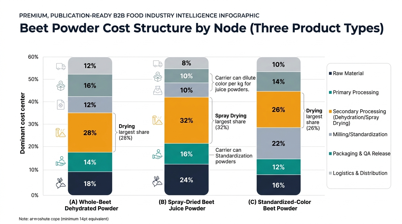 Grouped stacked bar chart comparing beet powder cost structure by node for three product types: whole-beet dehydrated powder, spray-dried beet juice powder (with carrier/input standardization), and standardized-color beet powder, using the exact node percentages from the tables and highlighting drying/spray drying as the dominant cost center.