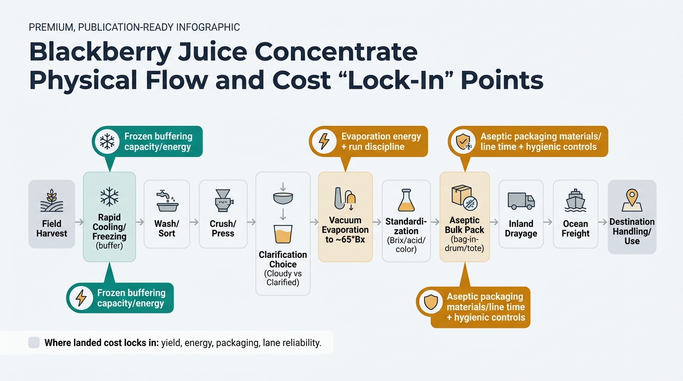 Left-to-right supply chain flow of blackberry juice concentrate from field harvest through freezing buffer, processing, vacuum evaporation to ~65°Bx, standardization, aseptic bulk packing, and inland/ocean logistics, highlighting cost/variance lock-in chokepoints (frozen buffering capacity/energy, evaporation energy/run discipline, and aseptic packaging materials/line time and hygienic controls) with icons and a legend on where landed cost locks in.