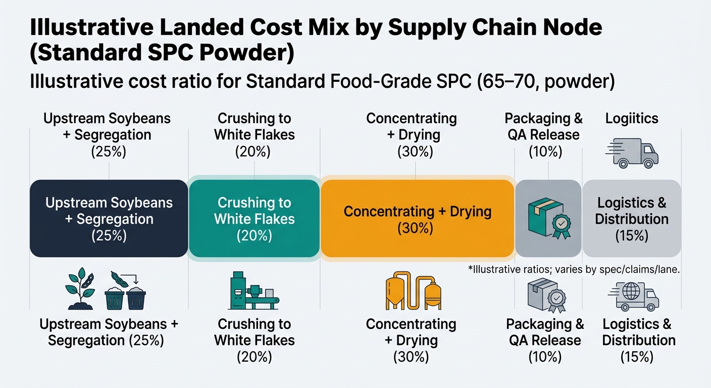 A single, data-forward chart visualizing the illustrative cost ratio for Standard Food-Grade SPC (65–70, powder). Categories and values: Upstream Soybeans + Segregation (25%), Crushing to White Flakes (20%), Concentrating + Drying (30%), Packaging & QA Release (10%), Logistics & Distribution (15%). Add short footnote text on-chart: “Illustrative ratios; varies by spec/claims/lane.” Use color to highlight the two dominant conversion drivers (White Flakes; Concentrating + Drying). No dashboard styling; keep it as a clean editorial chart.