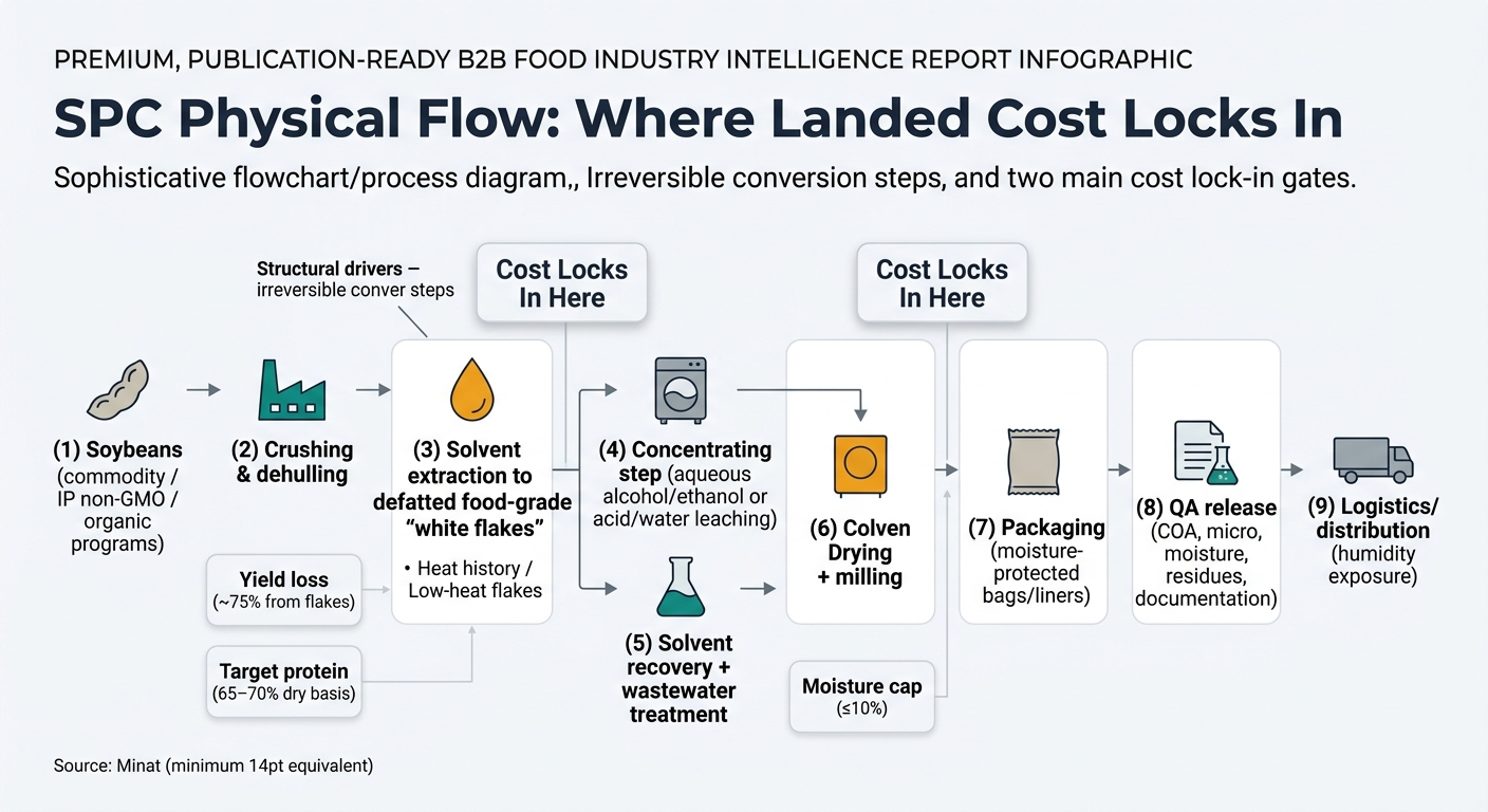 A left-to-right supply chain flow showing the irreversible conversion steps and the two main cost lock-in gates. Include stages: (1) Soybeans (commodity / IP non-GMO / organic programs) → (2) Crushing & dehulling → (3) Solvent extraction to defatted food-grade “white flakes” (include note: heat history / low-heat flakes) → (4) Concentrating step (aqueous alcohol/ethanol or acid/water leaching) → (5) Solvent recovery + wastewater treatment → (6) Drying + milling → (7) Packaging (moisture-protected bags/liners) → (8) QA release (COA, micro, moisture, residues, documentation) → (9) Logistics/distribution (humidity exposure). Visually emphasize two ‘Cost Locks In Here’ callouts at: White Flakes and Concentrating/Drying. Add small side callouts for structural drivers: yield loss (~75% from flakes), target protein (65–70% dry basis), and moisture cap (≤10%). Use simple icons (bean, factory, solvent droplet, dryer, lab flask, bag, truck) and avoid any dashboard/UI imagery.