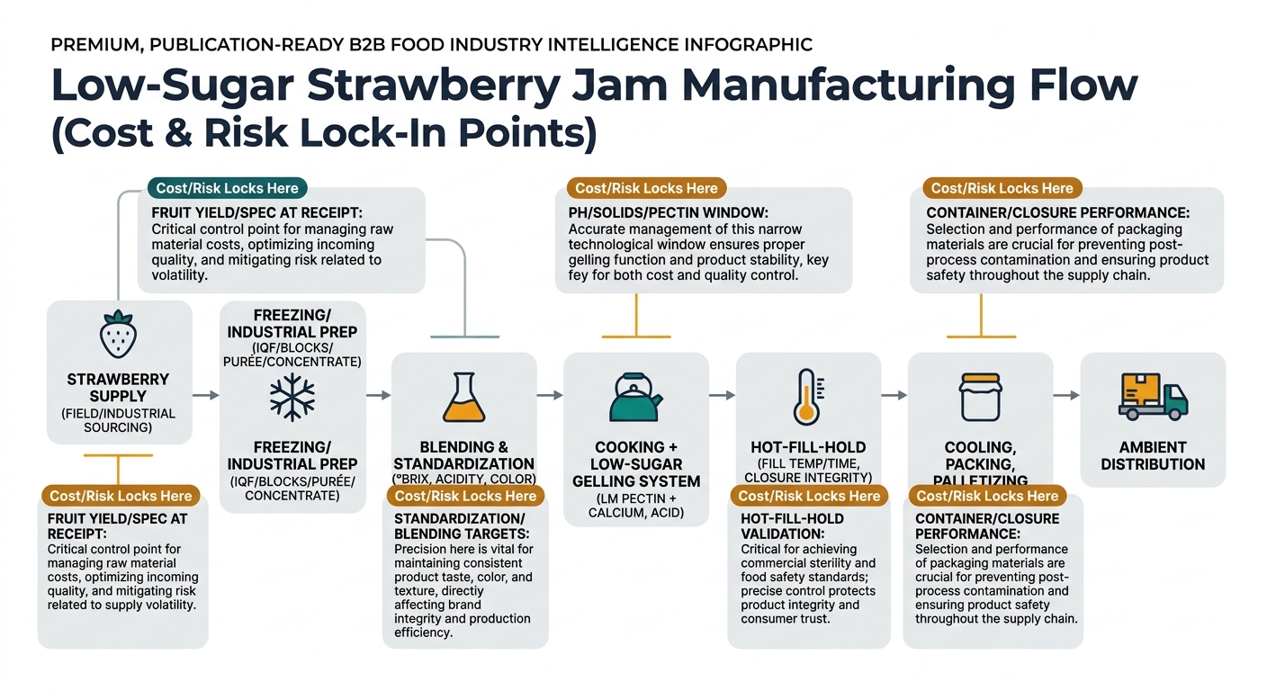 Flowchart showing the end-to-end low-sugar strawberry jam manufacturing chain from strawberry sourcing through freezing/industrial prep, blending and standardization, cooking with a low-sugar gelling system (LM pectin + calcium, acid), hot-fill-hold validation and closure integrity, cooling and palletizing, to ambient distribution, with procurement callouts indicating where cost and risk lock in (fruit yield/spec at receipt, standardization targets, pH/solids/pectin window, hot-fill-hold validation, and container/closure performance).
