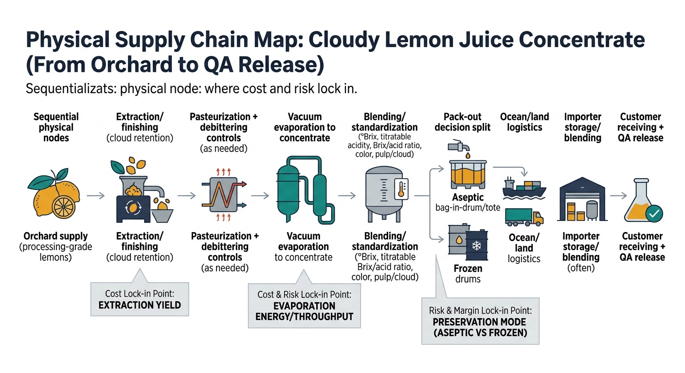 A left-to-right process flow showing the physical nodes where cost and risk lock in: Orchard supply (processing-grade lemons) → Extraction/finishing (cloud retention) → Pasteurization + debittering controls (as needed) → Vacuum evaporation to concentrate → Blending/standardization (°Brix, titratable acidity, Brix/acid ratio, color, pulp/cloud) → Pack-out decision split (Aseptic bag-in-drum/tote vs Frozen drums) → Ocean/land logistics → Importer storage/blending (often) → Customer receiving + QA release, with callouts at lock-in points for extraction yield, evaporation energy/throughput, and preservation mode.