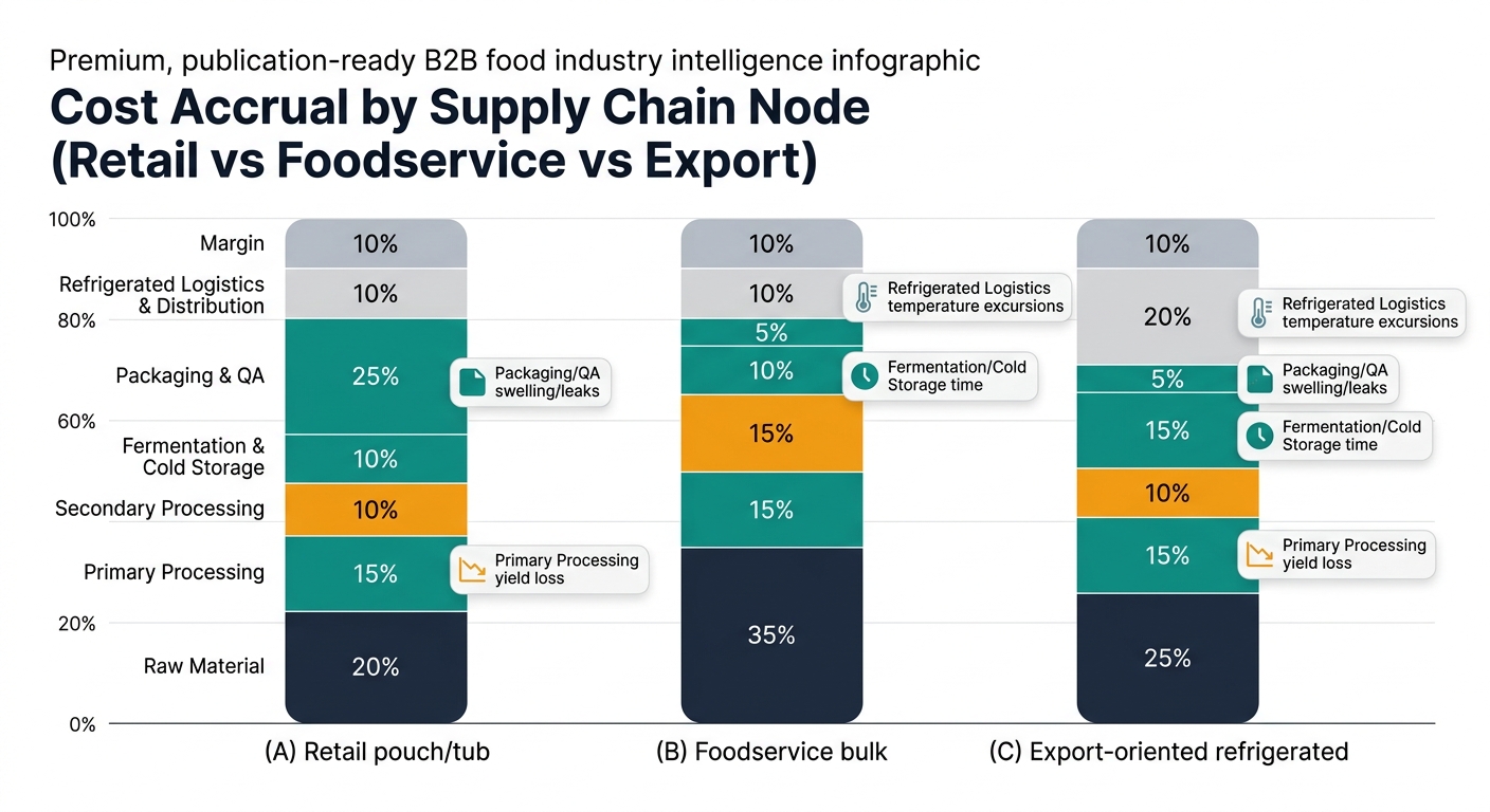Grouped stacked bar chart comparing cost accrual by supply chain node for (A) Retail pouch/tub, (B) Foodservice bulk, and (C) Export-oriented refrigerated kimchi, with segments for Raw Material, Primary Processing, Secondary Processing, Fermentation & Cold Storage, Packaging & QA, Refrigerated Logistics & Distribution, and Margin using the provided percentages, plus annotations flagging structural cost/risk centers such as yield loss, fermentation/cold storage time, swelling/leaks, and temperature excursions.