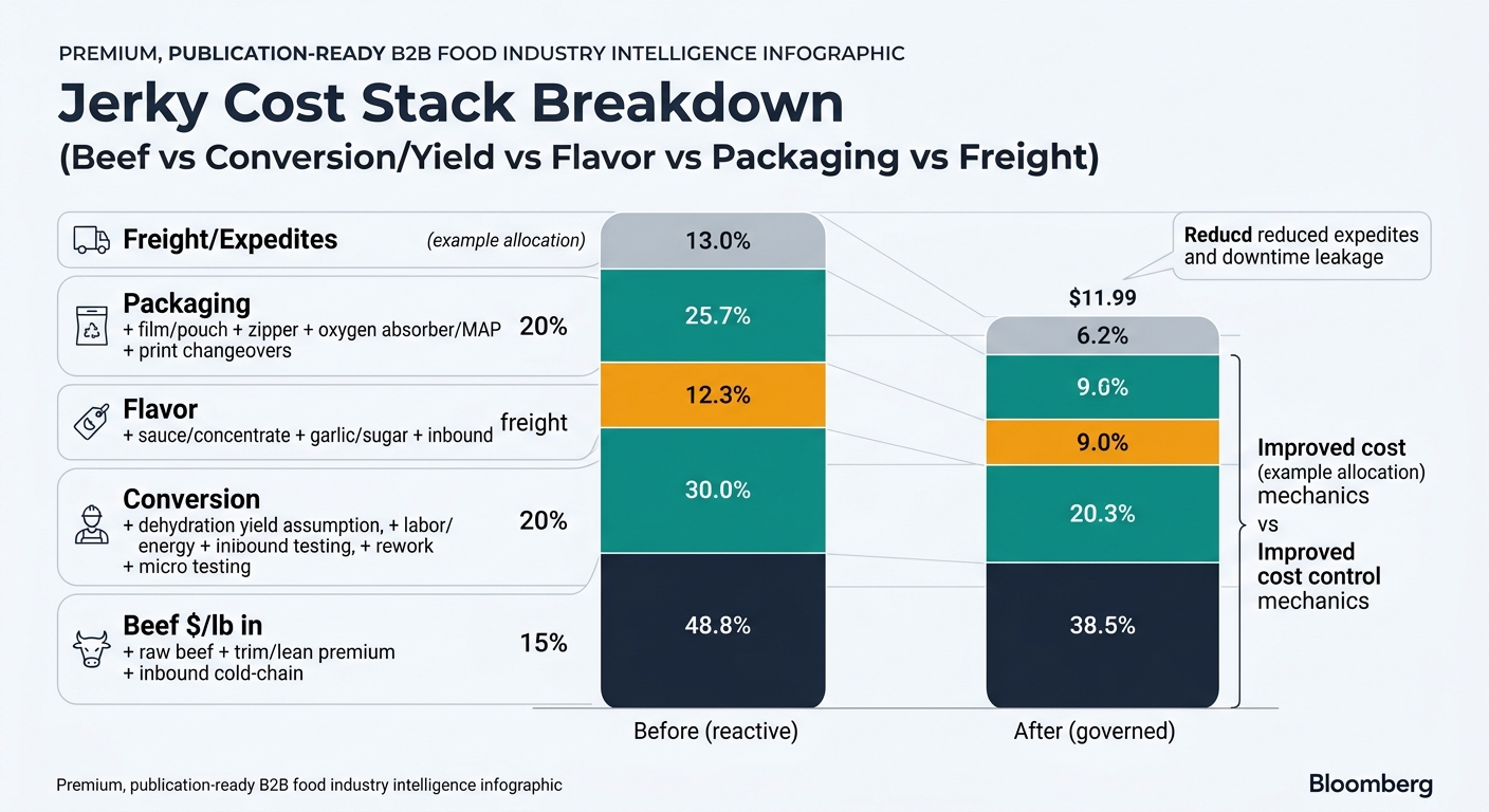 A stacked bar chart breaking down jerky cost stack layers (Beef $/lb in, Conversion/yield, Flavor, Packaging, Freight/Expedites) comparing two bars: Before (reactive) vs After (governed), using clearly labeled example allocation percentages and showing a smaller Freight/Expedites layer after governance.