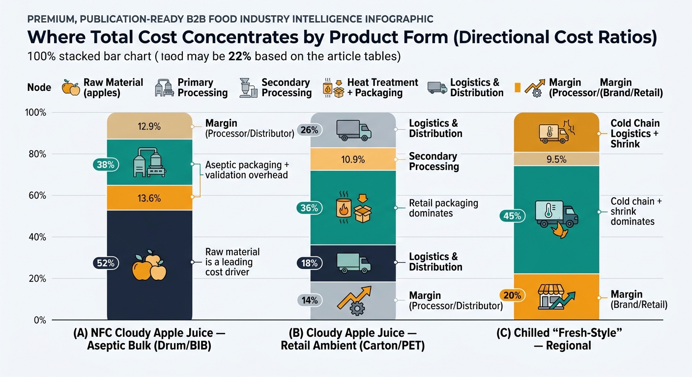 A 100% stacked bar chart comparing where total cost concentrates across three product forms—(A) NFC Cloudy Apple Juice (Aseptic Bulk, Drum/BIB), (B) Cloudy Apple Juice (Retail Ambient, Carton/PET), and (C) Chilled “Fresh-Style” (Regional)—with consistent color segments for raw material, primary processing, secondary processing, heat treatment plus packaging, logistics/distribution (or cold chain plus shrink), and margin, plus brief annotations highlighting the largest segments in each bar.