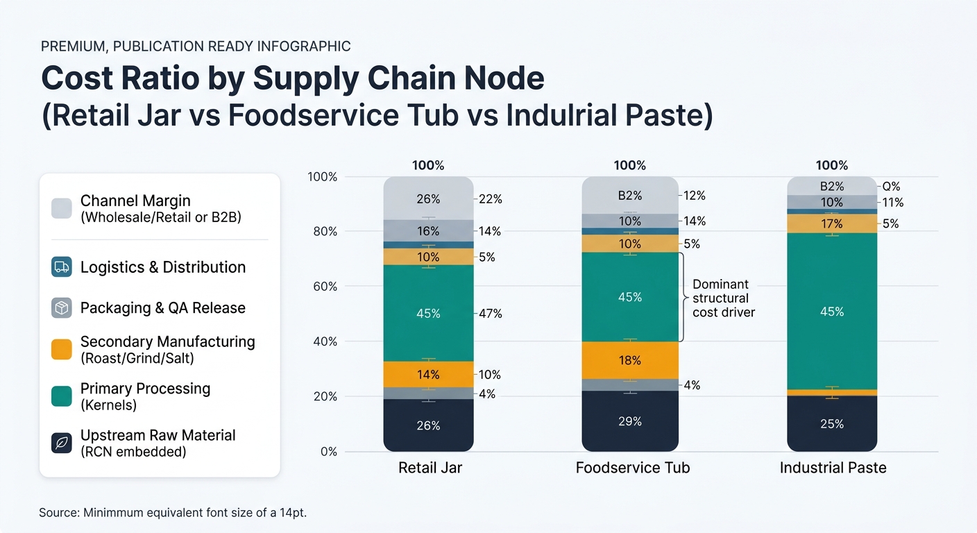 A 3-bar stacked chart (one bar per product format: Retail Jar, Foodservice Tub, Industrial Paste). Each bar is segmented by the same nodes used in the article tables: Upstream Raw Material (RCN embedded), Primary Processing (Kernels), Secondary Manufacturing (Roast/Grind/Salt), Packaging & QA Release, Logistics & Distribution, and Channel Margin (Wholesale/Retail or B2B). Use the midpoint of each stated range to size segments (and optionally add thin whiskers or labels showing the range). Include a legend and annotate the largest segment per format (typically kernels/primary processing) as 'Dominant structural cost driver'.