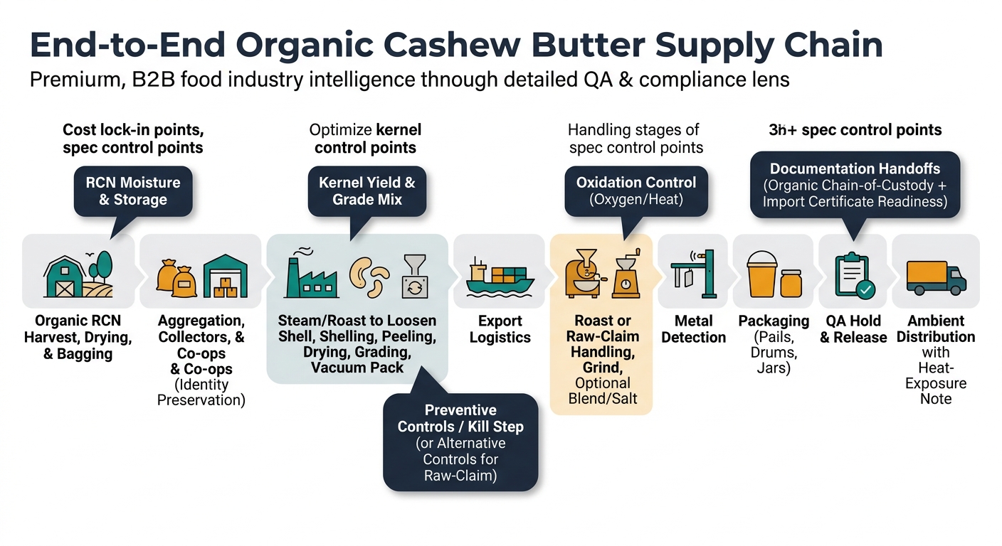 A left-to-right flow diagram showing the physical chain: Organic RCN harvest/drying/bagging → aggregation/collectors/co-ops (identity preservation) → primary processing (steam/roast to loosen shell, shelling, peeling, drying, grading, vacuum pack) → export logistics → secondary processing (roast or raw-claim handling, grind, optional blend/salt) → metal detection → packaging (pails/drums/jars) → QA hold & release → ambient distribution with heat-exposure note. Overlay callout badges for main cost lock-in and spec control points: RCN moisture/storage, kernel yield & grade mix, preventive controls/kill step (or alternative for raw-claim), oxidation control (oxygen/heat), and documentation handoffs (organic chain-of-custody + import certificate readiness).