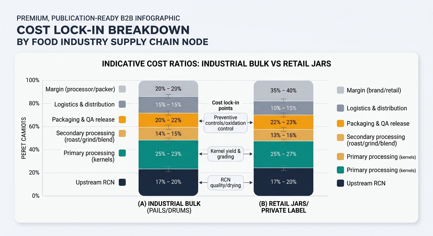 Two stacked bars comparing indicative cost ratios for (A) industrial bulk (pails/drums) and (B) retail jars/private label. Segments: Upstream RCN, Primary processing (kernels), Secondary processing (roast/grind/blend), Packaging & QA release, Logistics & distribution, and Margin (processor/packer for bulk; brand/retail for retail). Includes labeled percentage ranges or midpoints with range whiskers and callouts marking key cost lock-in points (RCN quality/drying, kernel yield & grading, preventive controls/oxidation control).